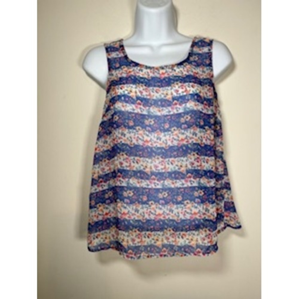dELiA*s Tank Top Small Blue Floral Lace Striped Split Back Boho Cottagecore Y2K